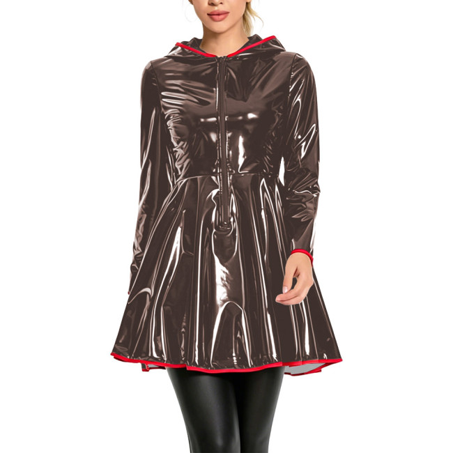 Club Fashion Shiny Vinyl Hooded Mini Dress Womens Long Sleeve Zip Front Flare Dress with Red Piping Glossy PVC Leather Dresses