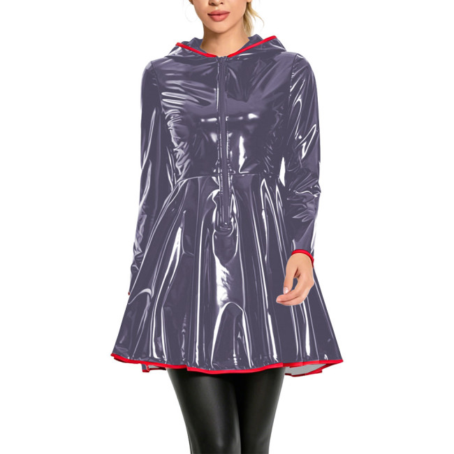 Club Fashion Shiny Vinyl Hooded Mini Dress Womens Long Sleeve Zip Front Flare Dress with Red Piping Glossy PVC Leather Dresses