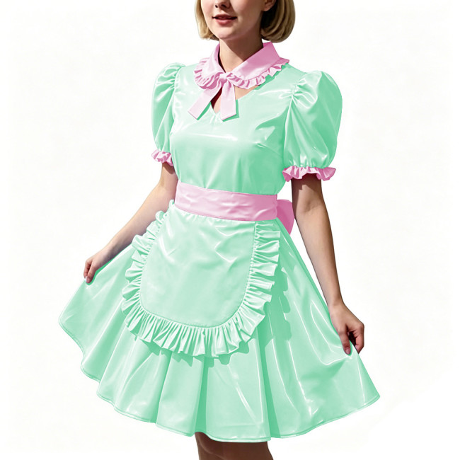 Women's Shiny PVC Maid Uniforms Sweet Collar Apron Short Puff Sleeve Maid Dress for Carnival Cosplay Outfits Fancy Dress Party