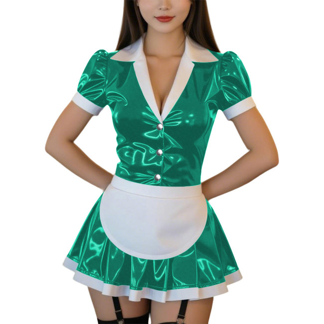 Womens Sexy PVC Mini Maid Dress Outfit Gothic Lapel V-neck Puff Sleeve A-line Dress with Apron Wetlook Club Cosplay Maid Uniform