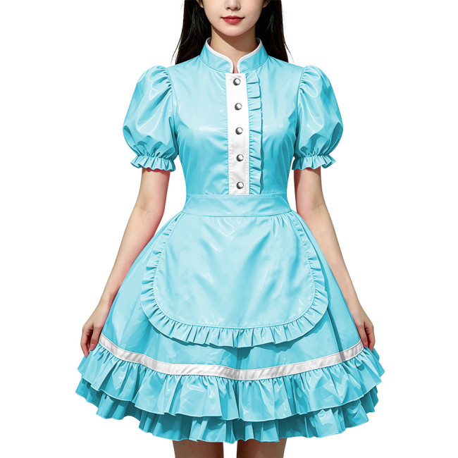 Party Lolita French Maid Dress Outfits Glossy PVC Leather Puff Sleeve Fancy Maid Uniforms Sweet Latex-look Cosplay Maid Dresses