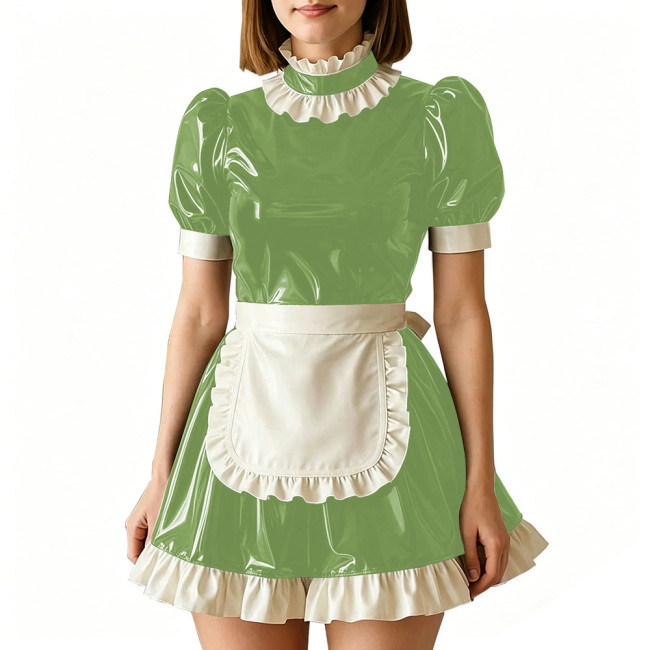 Vinyl PVC Leather Servant Maid Uniforms Sissy Party Cosplay Anime Costume High Neck Glossy Pleated Mini Maid Dress with Apron