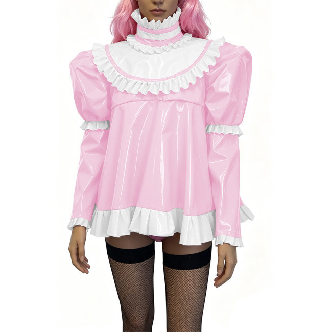 Glossy PVC Lolita Ruffle Blouse Womens Mens High Neck Puff Long Sleeve Shiny Top Sexy Mini Dress Halloween Cosplay Party Outfits