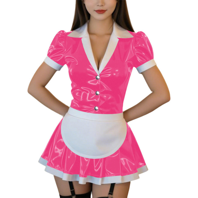 Womens Sexy PVC Mini Maid Dress Outfit Gothic Lapel V-neck Puff Sleeve A-line Dress with Apron Wetlook Club Cosplay Maid Uniform