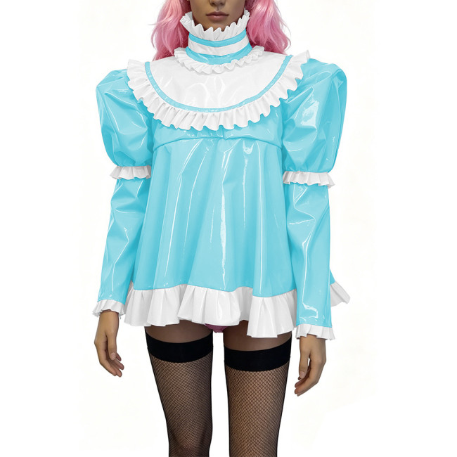 Glossy PVC Lolita Ruffle Blouse Womens Mens High Neck Puff Long Sleeve Shiny Top Sexy Mini Dress Halloween Cosplay Party Outfits
