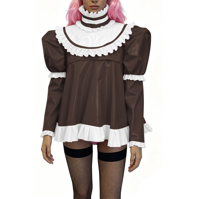 Glossy PVC Lolita Ruffle Blouse Womens Mens High Neck Puff Long Sleeve Shiny Top Sexy Mini Dress Halloween Cosplay Party Outfits