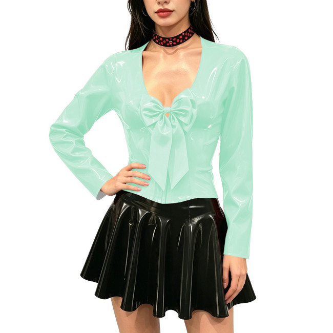 Women's Shiny PVC Long Sleeve Blouse Deep V Neck Big Bow Slim Fit Top Wet Look Faux Leather Shirt for Clubwear Party Outfits
