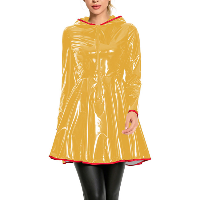 Club Fashion Shiny Vinyl Hooded Mini Dress Womens Long Sleeve Zip Front Flare Dress with Red Piping Glossy PVC Leather Dresses