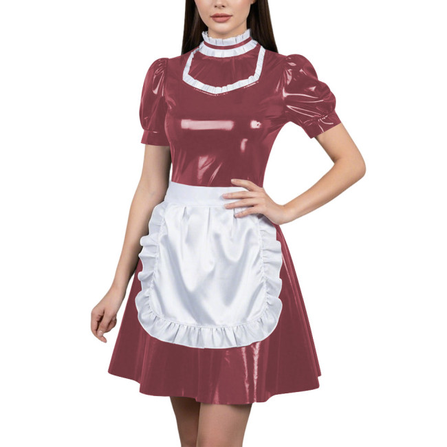 Womens Glossy Cospaly Maid Costume Sissy Puff Sleeve High Neck A-Line Dress with Apron Carnival Role Play Halloween Party Outfit