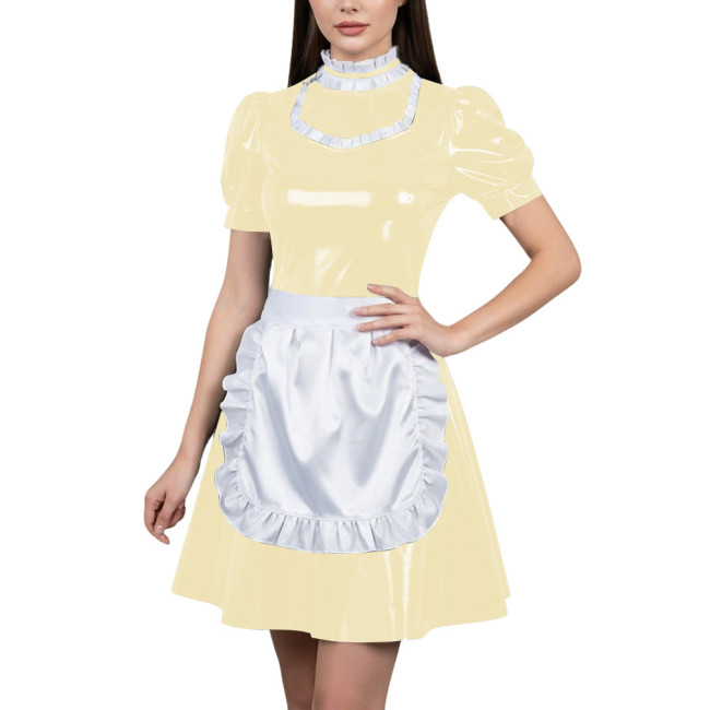 Womens Glossy Cospaly Maid Costume Sissy Puff Sleeve High Neck A-Line Dress with Apron Carnival Role Play Halloween Party Outfit