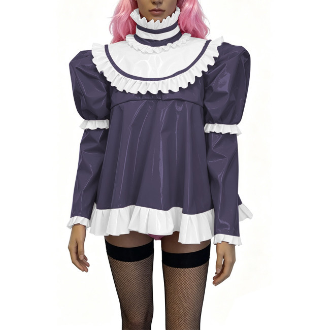 Glossy PVC Lolita Ruffle Blouse Womens Mens High Neck Puff Long Sleeve Shiny Top Sexy Mini Dress Halloween Cosplay Party Outfits
