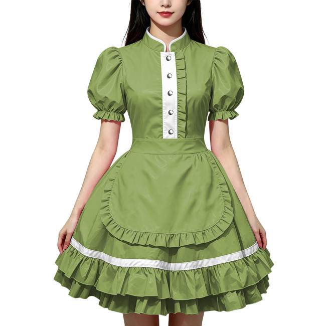 Party Lolita French Maid Dress Outfits Glossy PVC Leather Puff Sleeve Fancy Maid Uniforms Sweet Latex-look Cosplay Maid Dresses