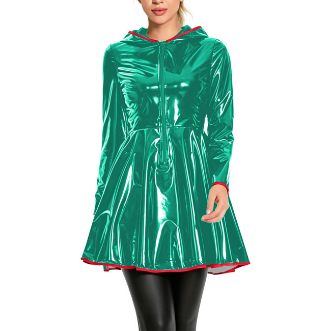 Club Fashion Shiny Vinyl Hooded Mini Dress Womens Long Sleeve Zip Front Flare Dress with Red Piping Glossy PVC Leather Dresses