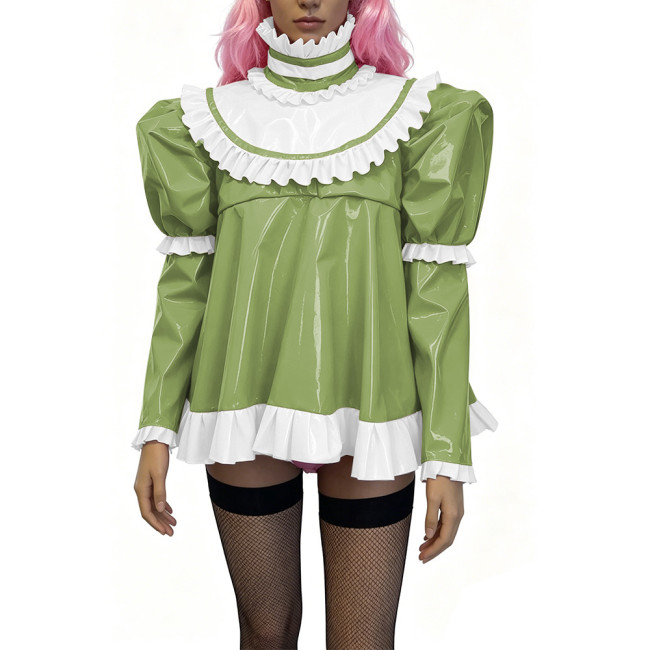 Glossy PVC Lolita Ruffle Blouse Womens Mens High Neck Puff Long Sleeve Shiny Top Sexy Mini Dress Halloween Cosplay Party Outfits