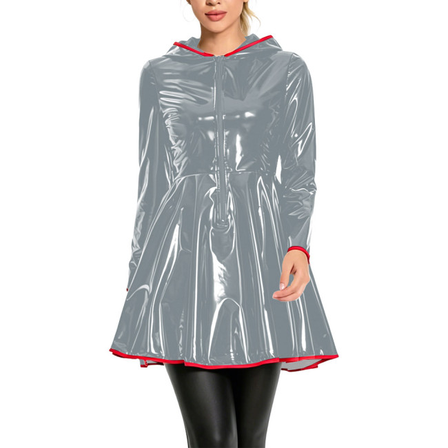 Club Fashion Shiny Vinyl Hooded Mini Dress Womens Long Sleeve Zip Front Flare Dress with Red Piping Glossy PVC Leather Dresses