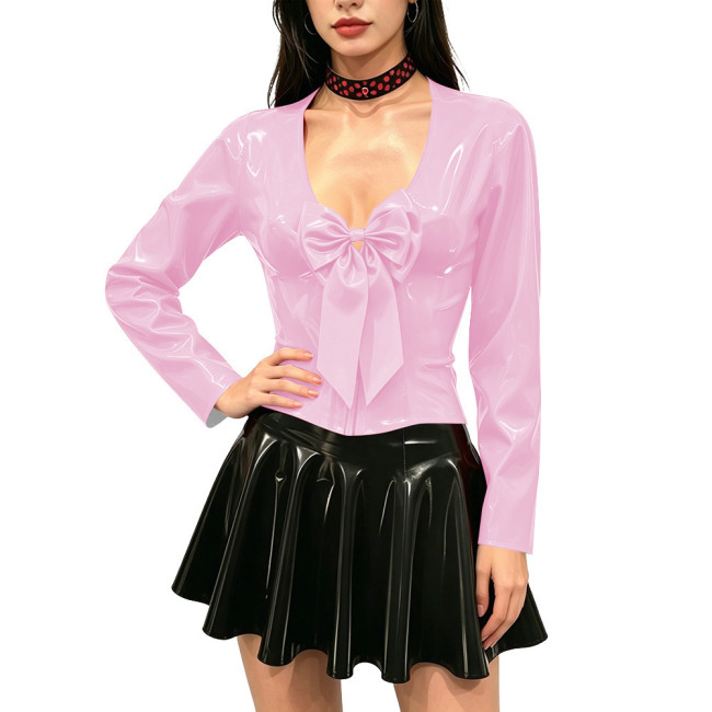 Women's Shiny PVC Long Sleeve Blouse Deep V Neck Big Bow Slim Fit Top Wet Look Faux Leather Shirt for Clubwear Party Outfits