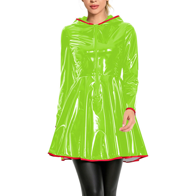 Club Fashion Shiny Vinyl Hooded Mini Dress Womens Long Sleeve Zip Front Flare Dress with Red Piping Glossy PVC Leather Dresses