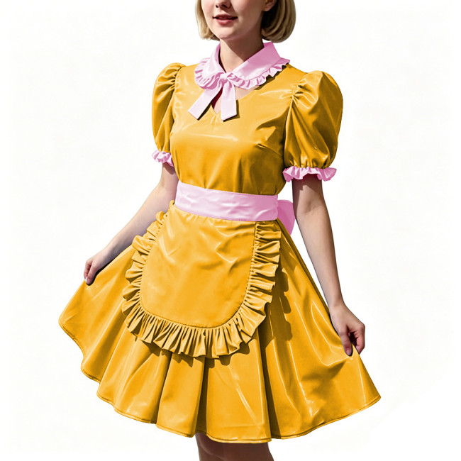 Women's Shiny PVC Maid Uniforms Sweet Collar Apron Short Puff Sleeve Maid Dress for Carnival Cosplay Outfits Fancy Dress Party