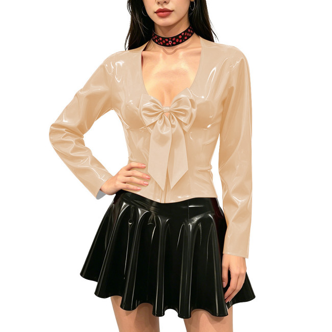 Women's Shiny PVC Long Sleeve Blouse Deep V Neck Big Bow Slim Fit Top Wet Look Faux Leather Shirt for Clubwear Party Outfits