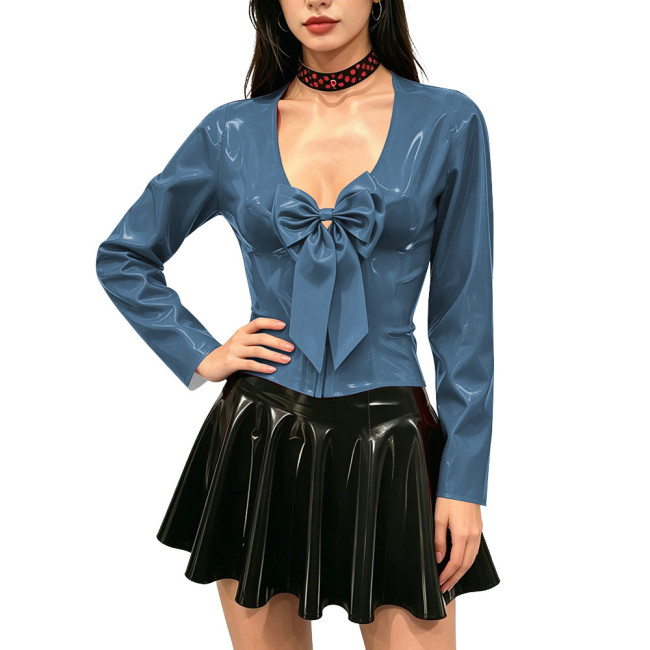 Women's Shiny PVC Long Sleeve Blouse Deep V Neck Big Bow Slim Fit Top Wet Look Faux Leather Shirt for Clubwear Party Outfits