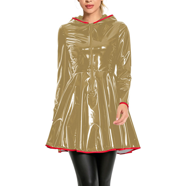 Club Fashion Shiny Vinyl Hooded Mini Dress Womens Long Sleeve Zip Front Flare Dress with Red Piping Glossy PVC Leather Dresses