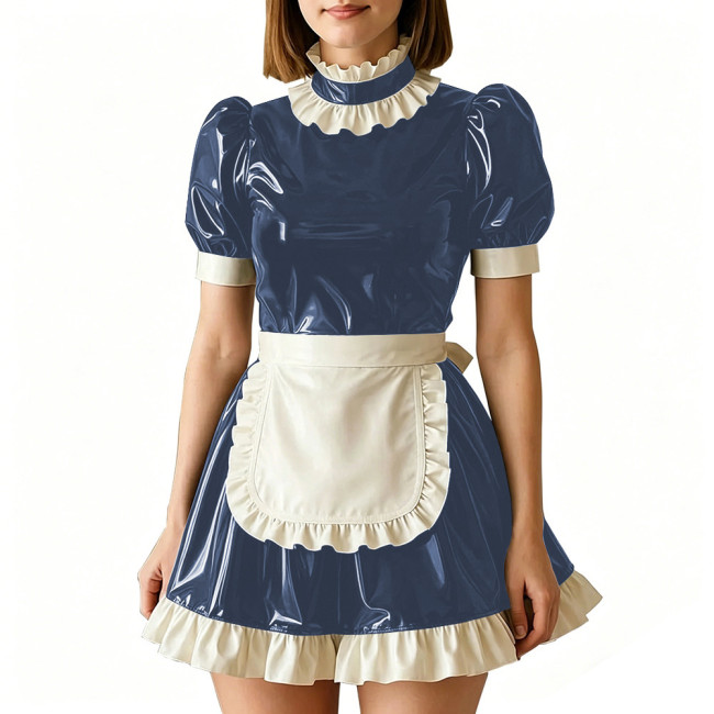 Vinyl PVC Leather Servant Maid Uniforms Sissy Party Cosplay Anime Costume High Neck Glossy Pleated Mini Maid Dress with Apron