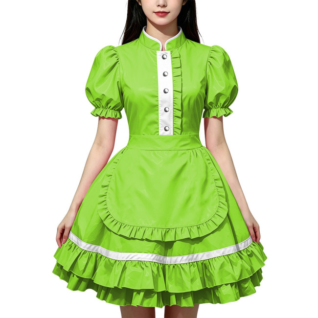 Party Lolita French Maid Dress Outfits Glossy PVC Leather Puff Sleeve Fancy Maid Uniforms Sweet Latex-look Cosplay Maid Dresses