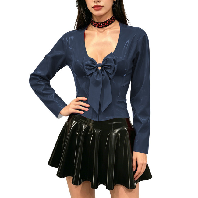 Women's Shiny PVC Long Sleeve Blouse Deep V Neck Big Bow Slim Fit Top Wet Look Faux Leather Shirt for Clubwear Party Outfits