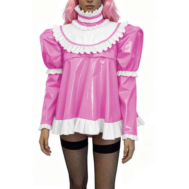 Glossy PVC Lolita Ruffle Blouse Womens Mens High Neck Puff Long Sleeve Shiny Top Sexy Mini Dress Halloween Cosplay Party Outfits