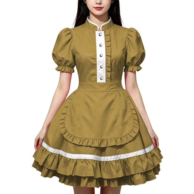 Party Lolita French Maid Dress Outfits Glossy PVC Leather Puff Sleeve Fancy Maid Uniforms Sweet Latex-look Cosplay Maid Dresses