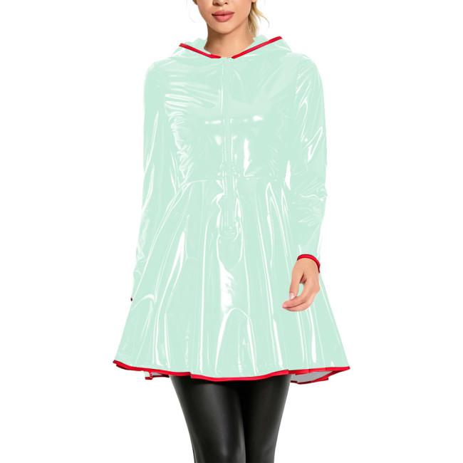 Club Fashion Shiny Vinyl Hooded Mini Dress Womens Long Sleeve Zip Front Flare Dress with Red Piping Glossy PVC Leather Dresses