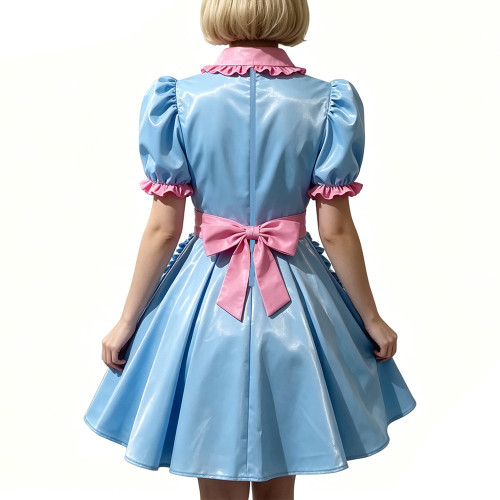 Women's Shiny PVC Maid Uniforms Sweet Collar Apron Short Puff Sleeve Maid Dress for Carnival Cosplay Outfits Fancy Dress Party