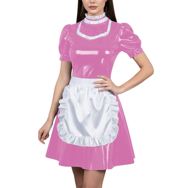Womens Glossy Cospaly Maid Costume Sissy Puff Sleeve High Neck A-Line Dress with Apron Carnival Role Play Halloween Party Outfit