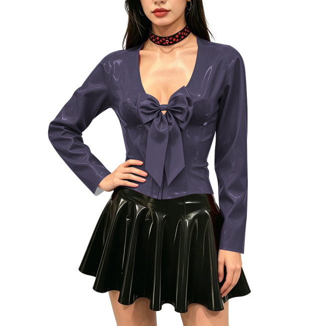 Women's Shiny PVC Long Sleeve Blouse Deep V Neck Big Bow Slim Fit Top Wet Look Faux Leather Shirt for Clubwear Party Outfits