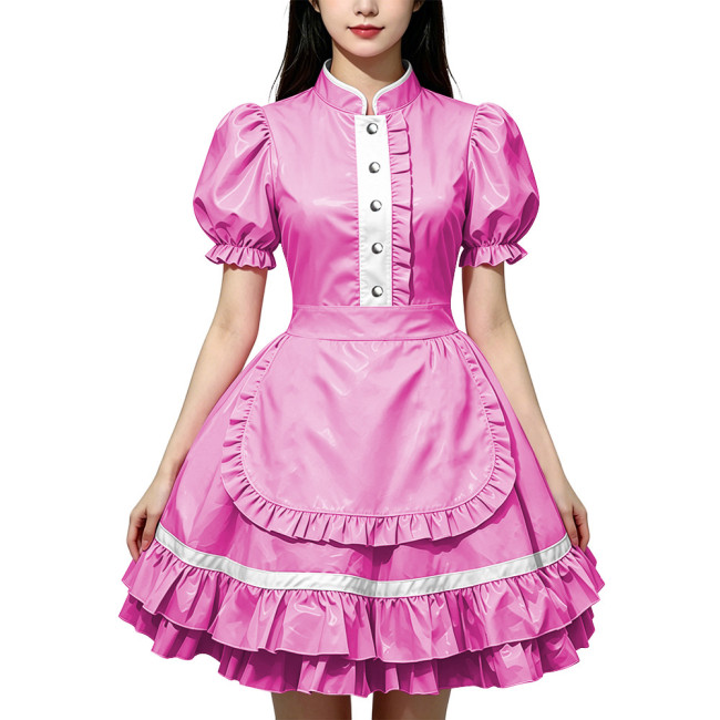 Party Lolita French Maid Dress Outfits Glossy PVC Leather Puff Sleeve Fancy Maid Uniforms Sweet Latex-look Cosplay Maid Dresses