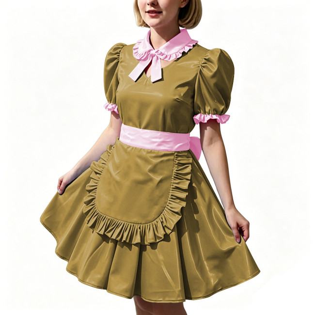 Women's Shiny PVC Maid Uniforms Sweet Collar Apron Short Puff Sleeve Maid Dress for Carnival Cosplay Outfits Fancy Dress Party