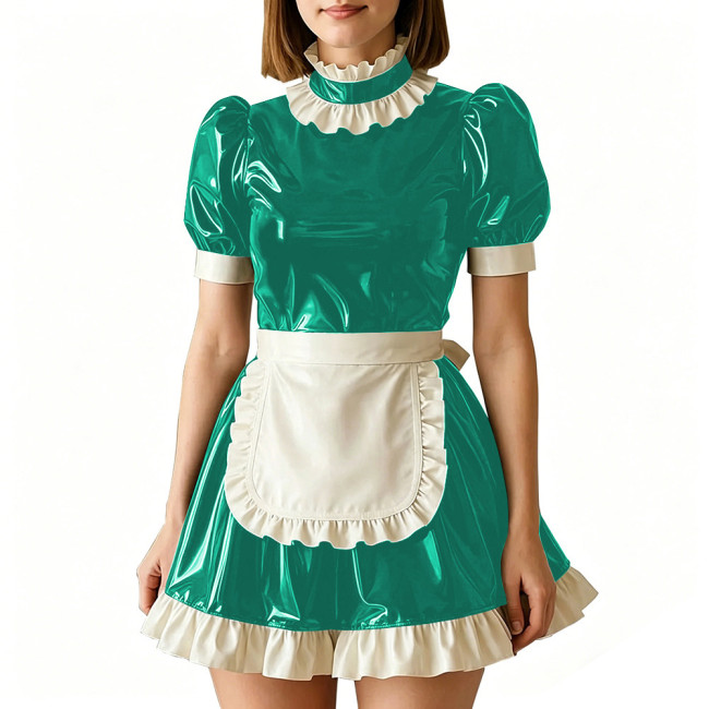 Vinyl PVC Leather Servant Maid Uniforms Sissy Party Cosplay Anime Costume High Neck Glossy Pleated Mini Maid Dress with Apron
