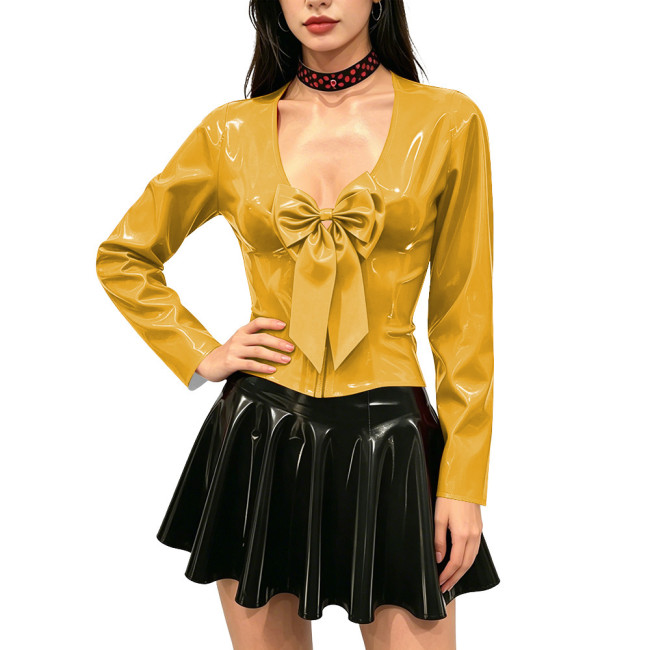 Women's Shiny PVC Long Sleeve Blouse Deep V Neck Big Bow Slim Fit Top Wet Look Faux Leather Shirt for Clubwear Party Outfits