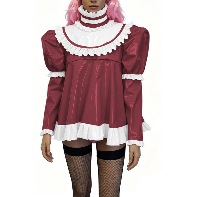 Glossy PVC Lolita Ruffle Blouse Womens Mens High Neck Puff Long Sleeve Shiny Top Sexy Mini Dress Halloween Cosplay Party Outfits