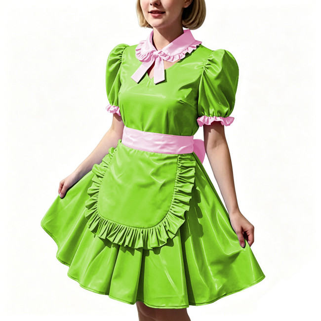 Women's Shiny PVC Maid Uniforms Sweet Collar Apron Short Puff Sleeve Maid Dress for Carnival Cosplay Outfits Fancy Dress Party