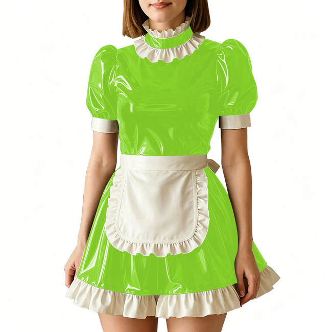 Vinyl PVC Leather Servant Maid Uniforms Sissy Party Cosplay Anime Costume High Neck Glossy Pleated Mini Maid Dress with Apron
