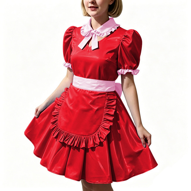 Women's Shiny PVC Maid Uniforms Sweet Collar Apron Short Puff Sleeve Maid Dress for Carnival Cosplay Outfits Fancy Dress Party