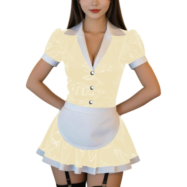 Womens Sexy PVC Mini Maid Dress Outfit Gothic Lapel V-neck Puff Sleeve A-line Dress with Apron Wetlook Club Cosplay Maid Uniform
