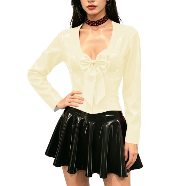 Women's Shiny PVC Long Sleeve Blouse Deep V Neck Big Bow Slim Fit Top Wet Look Faux Leather Shirt for Clubwear Party Outfits