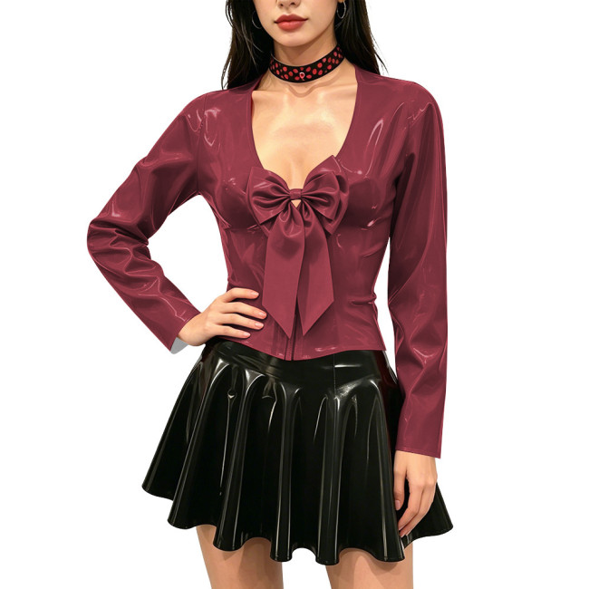 Women's Shiny PVC Long Sleeve Blouse Deep V Neck Big Bow Slim Fit Top Wet Look Faux Leather Shirt for Clubwear Party Outfits