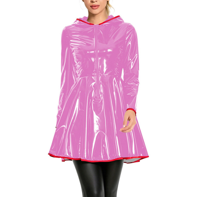 Club Fashion Shiny Vinyl Hooded Mini Dress Womens Long Sleeve Zip Front Flare Dress with Red Piping Glossy PVC Leather Dresses