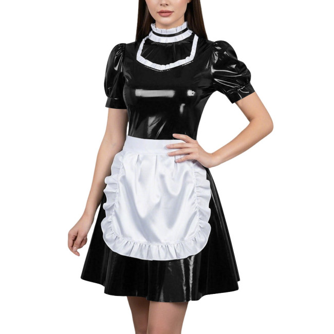 Womens Glossy Cospaly Maid Costume Sissy Puff Sleeve High Neck A-Line Dress with Apron Carnival Role Play Halloween Party Outfit