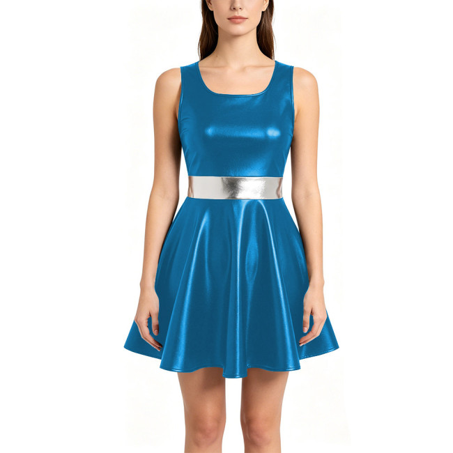 Womens Metallic A-line Mini Dress Shiny Nightclub Sundress Halloween Party Cosplay Costume Round Neck Sleeveless Dance Dress