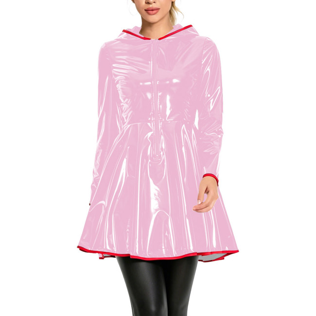 Club Fashion Shiny Vinyl Hooded Mini Dress Womens Long Sleeve Zip Front Flare Dress with Red Piping Glossy PVC Leather Dresses