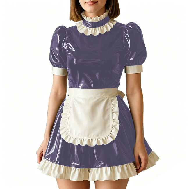 Vinyl PVC Leather Servant Maid Uniforms Sissy Party Cosplay Anime Costume High Neck Glossy Pleated Mini Maid Dress with Apron